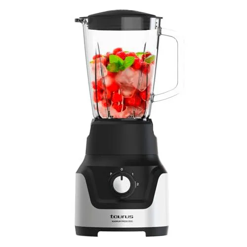 Taurus - Batidora vaso Magnum Press 1500 | Jarra cristal 1,5L | 1500W | 2 velocidades+Turbo | Cuchillas 4 filos Inox | Pica Hielo | Sistema bloqueo
