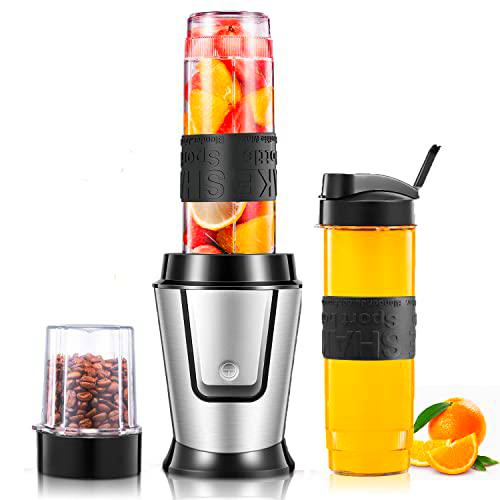 Batidora de Vaso Individual 3 en 1, Licuadora Portátil con 2*570ml Botellas deportivas y 280ml Molinillo