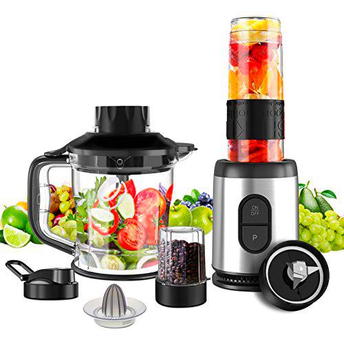 NWOUIIAY Batidora Multifuncional 800W 23000RPM 5en1 Batidora Multifunción con Molinillo Picadora Carne Exprimidor Batidora Frutas Botella Batidora de Vaso Individual sin BPA Hojas de Acero Inoxidable