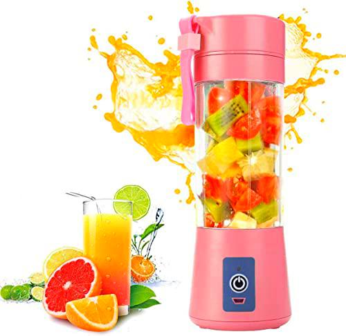 Mini batidora portátil eléctrica USB recargable de cocina viaje exprimidor para alimentos batidos para zumos de 380 ml con seis cuchillas de acero excelente para mezclar color (rosa)