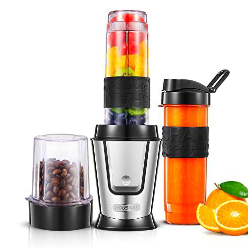 HOUSNAT Batidora de vaso individual 3 en 1, Batidora Smoothie Multifunción con molinillo de café 280ml y 2 Portátil Botellas deportivas 570ml 