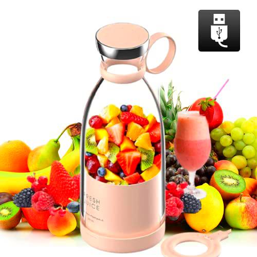 Delliop Mini Licuadora Portátil 1400 mAh USB Recargable | Mini Batidora Exprimidor 350ml | Botella Licuadora Pequeña Vaso Taza ABS,Mini Batidora Portátil Personal para Batidos y Milkshakes (ROSADO)