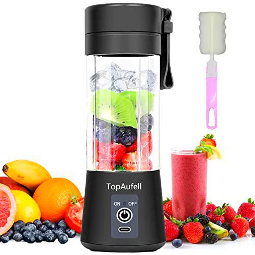 TopAufell Mini licuadora personal portátil, vaso exprimidor/mezclador de frutas eléctrico/batidora de zumo,con carga USB,seis cuchillas en 3D para una excelente mezcla,380 ml (negro)