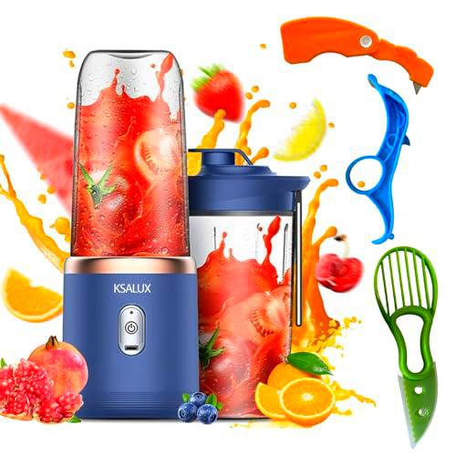 KSALUX - Batidora portátil | 6 cuchillas de acero inoxidable 21,000 rpm | 2 botellas 400 ml | 3 accesorios de corte de fruta I Recargable USB | Batidos