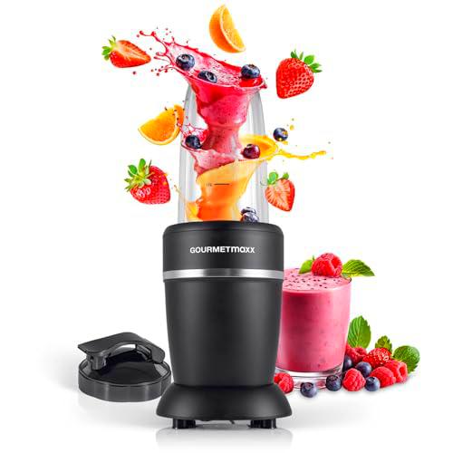 GOURMETmaxx Batidora y Preparadora de Batidos 4 piezas | Batidora eléctrica para un chute de vitaminas para llevar | Con tapa a prueba de fugas | Batidora