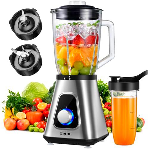GDOR 1200W - Batidora de licuadora (2 - 1 batidora con jarra de cristal de 1,5 L
