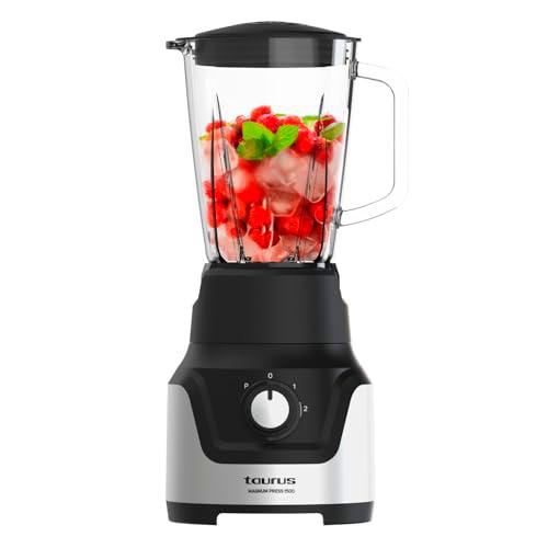 Taurus - Batidora vaso Magnum Press 1500 | Jarra cristal 1,5L | 1500W | 2 velocidades+Turbo | Cuchillas 4 filos Inox | Pica Hielo | Sistema bloqueo