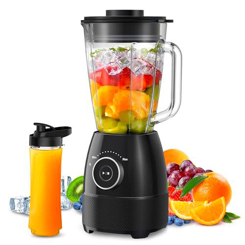Batidora de Vaso, 1500W Batidora Smoothies, Vaso Batidora con Jarra de Vidrio 1,5L y Botella Tritan 600ml sin BPA
