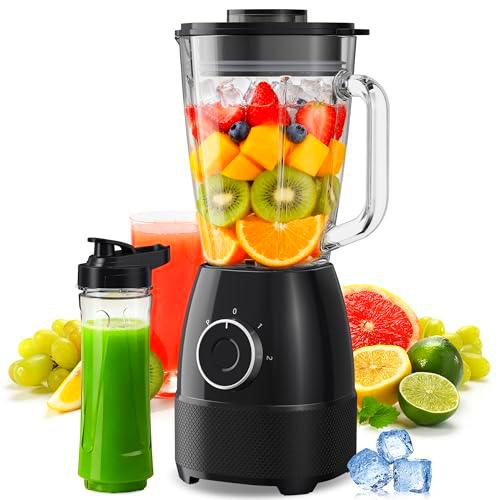 Batidora de Vaso, 1500W Batidora Smoothies, Vaso Batidora con Jarra de Vidrio 1,5L y Botella Tritan 600ml sin BPA