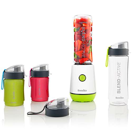 Breville Blend Active - Licuadora personal y batidora | 350 W | Paquete familiar | 4 botellas activas portátiles (300 ml | 600 ml) | Tapas a prueba de fugas | Blanco y verde [VBL252]